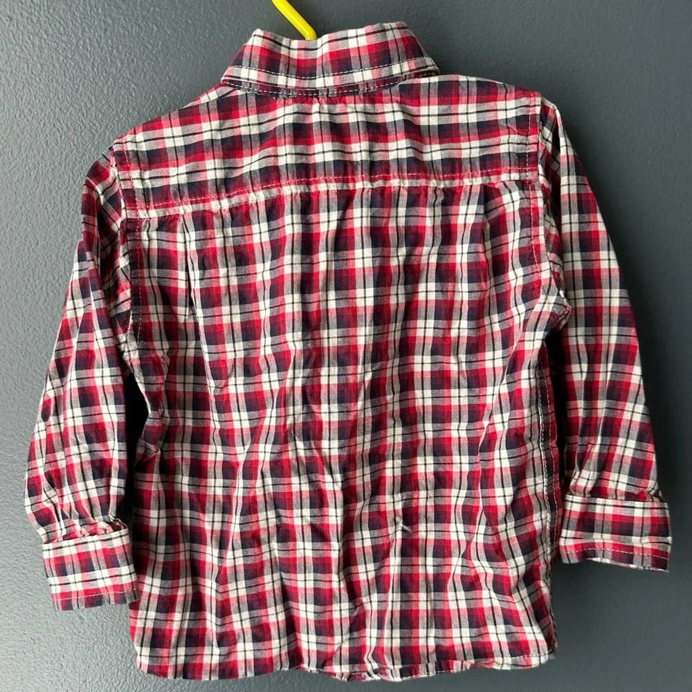 ❤️ CHILDREN’S PLACE Boys Button Down 18-24 months red white and blue plaid euc